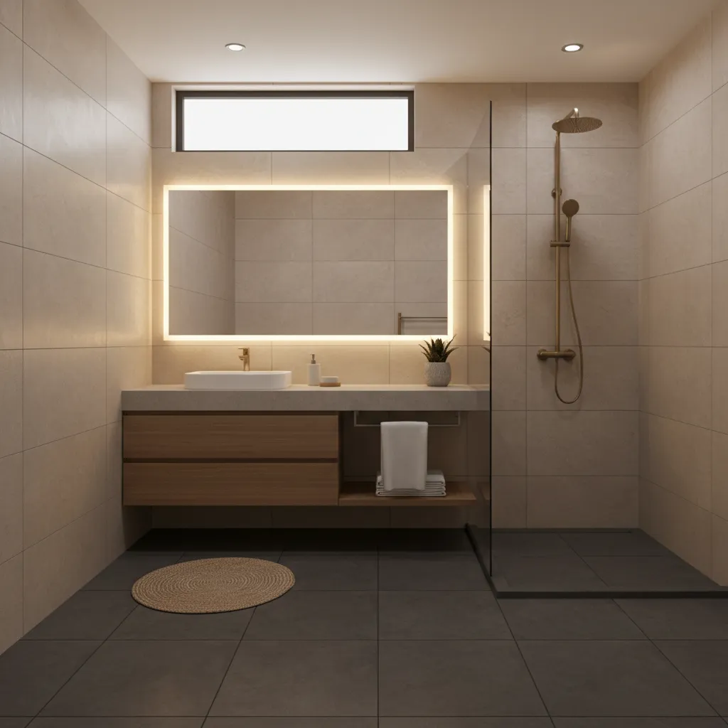 modern Indian bathroom with neutral wall tiles and dark floor tiles