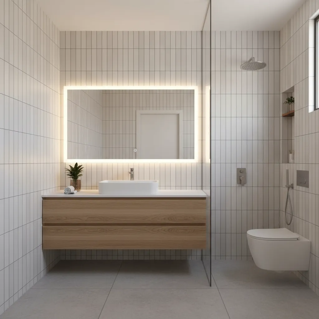 Modern Indian bathroom with vertical wall tile layout