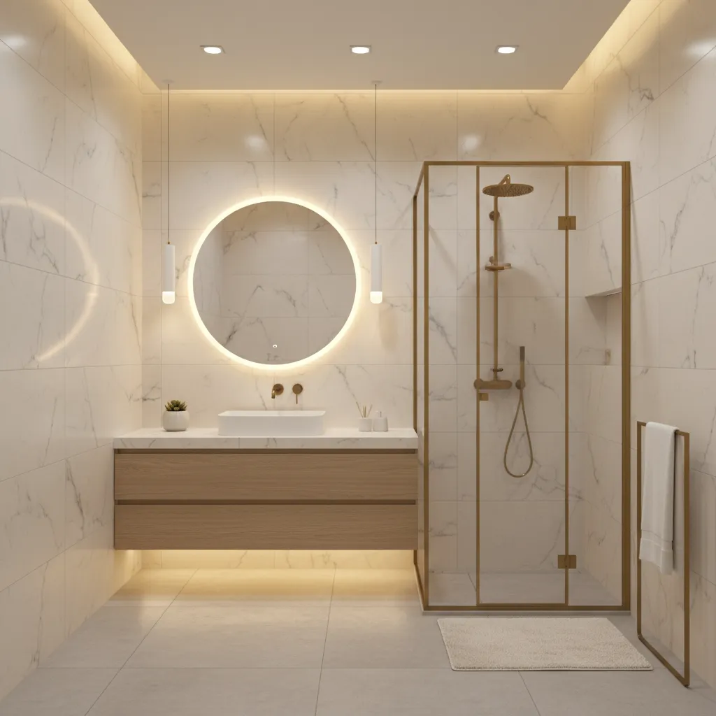 Modern Indian bathroom with marble look wall tiles