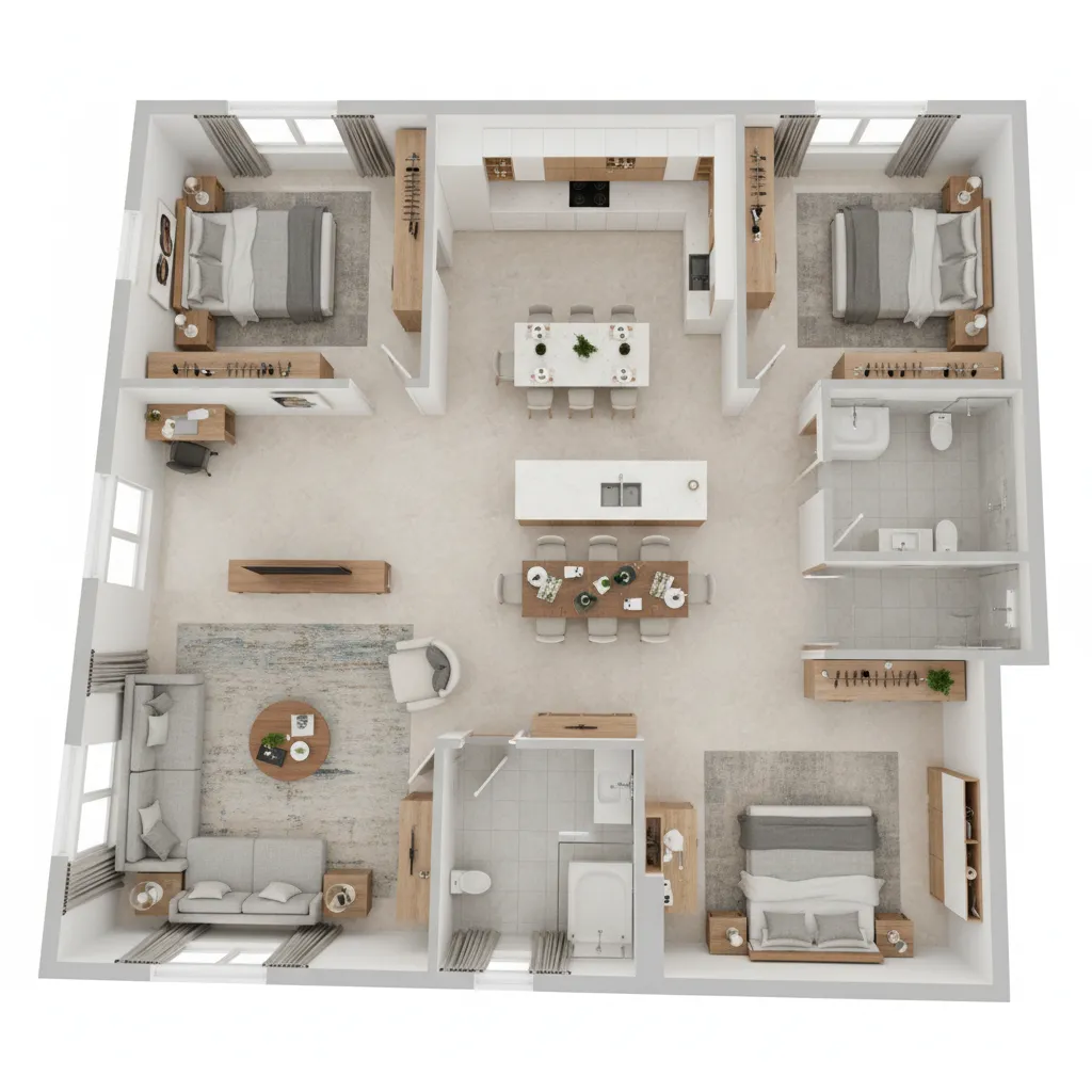 3D residential floor plan of modern Indian house layout