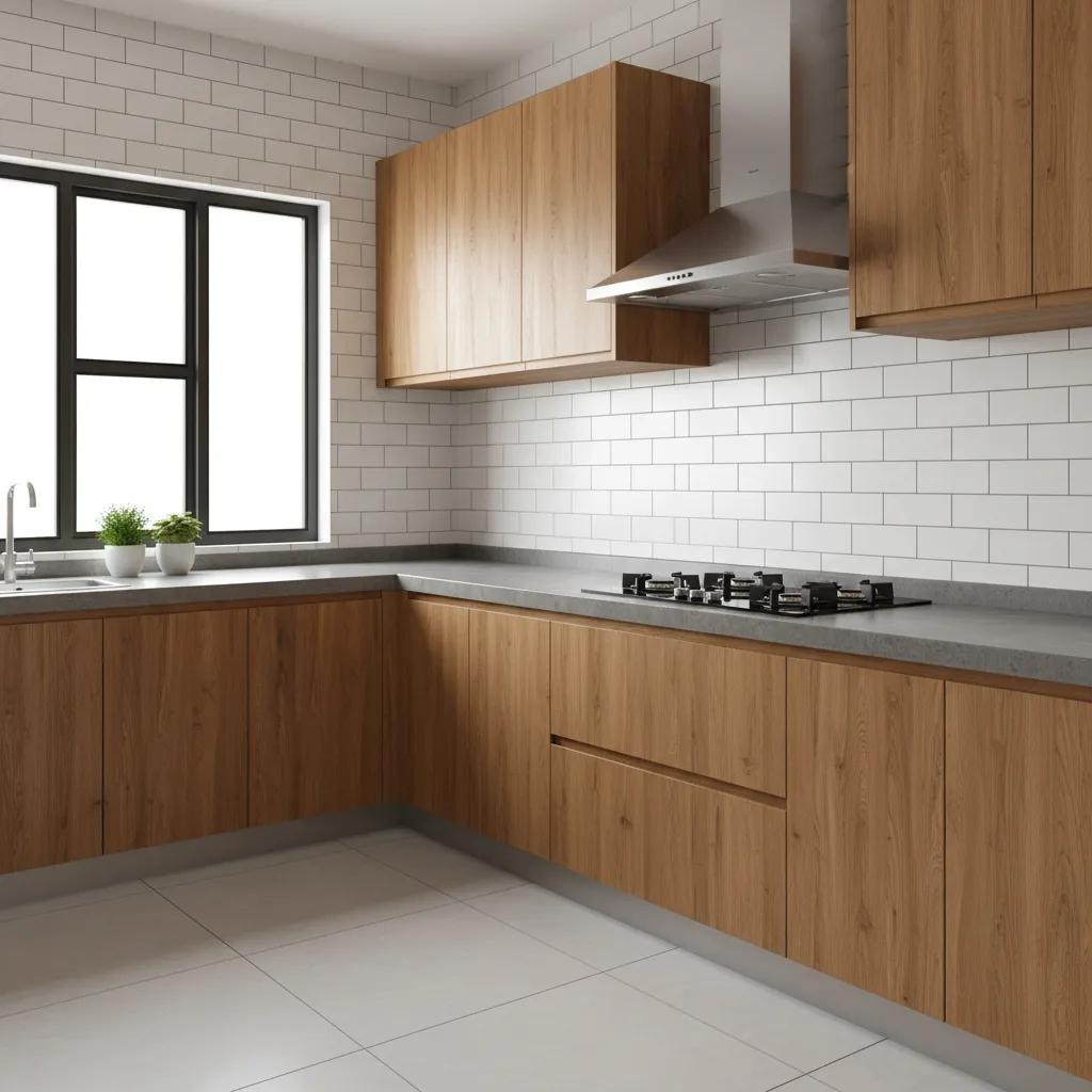 modern indian kitchen with white subway backsplash tiles