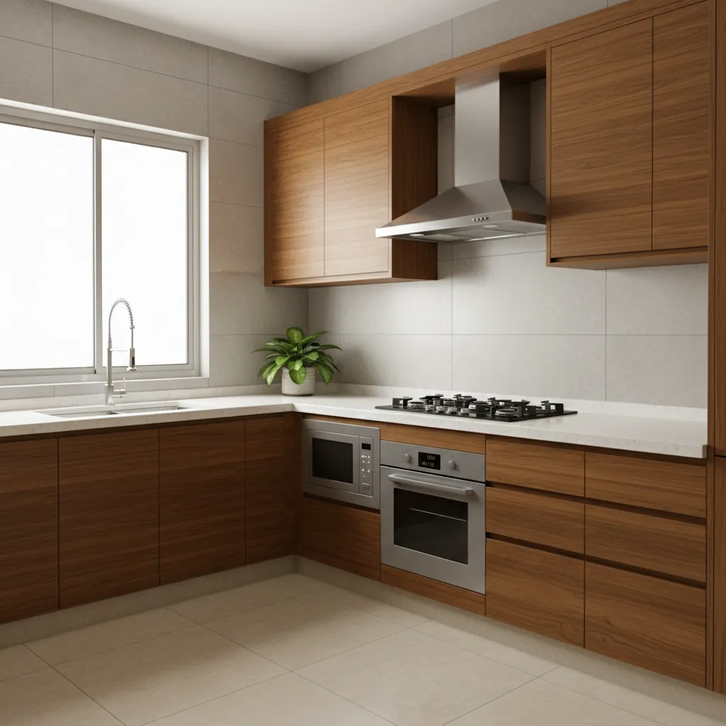 Modern Indian modular kitchen with chimney installed above gas stove