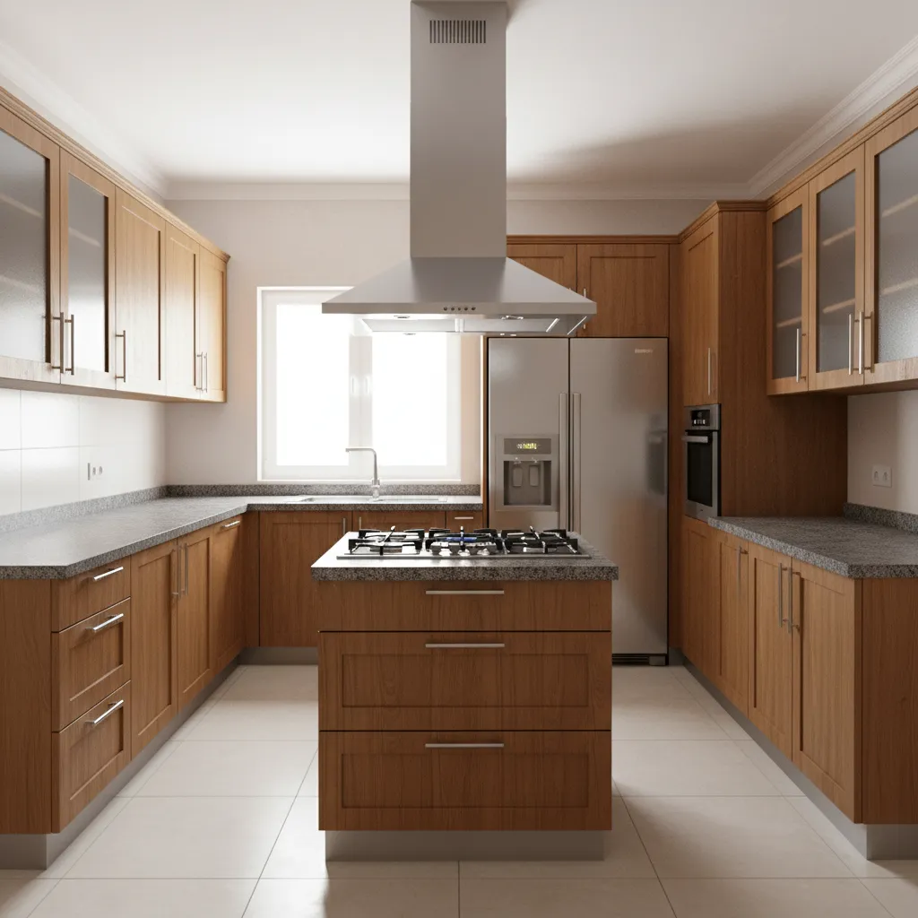 Indian modular kitchen with chimney installed above cooktop