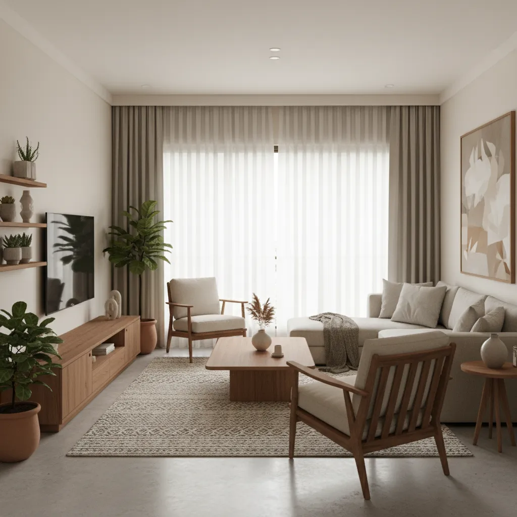 Contemporary Indian living room interior with neutral palette and wooden accents