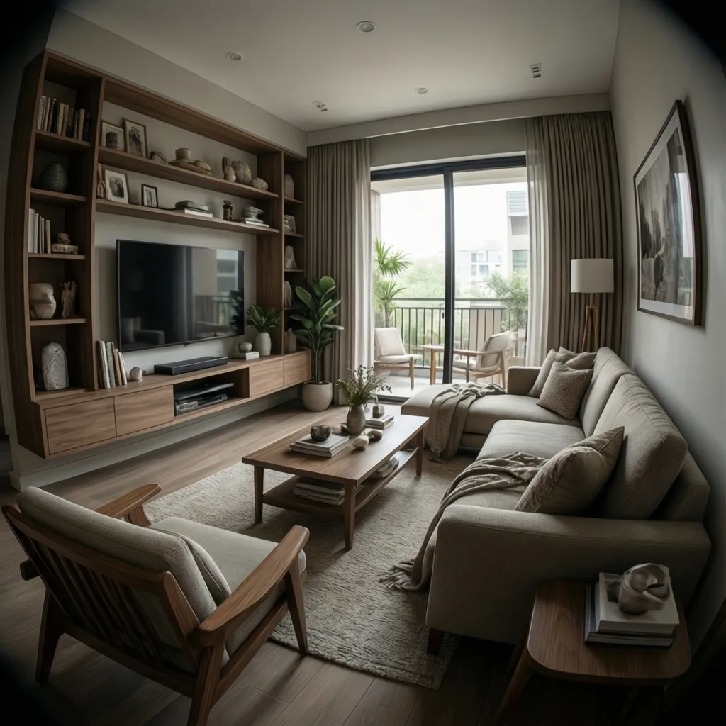 modern indian living room layout with sofa tv unit and neutral decor
