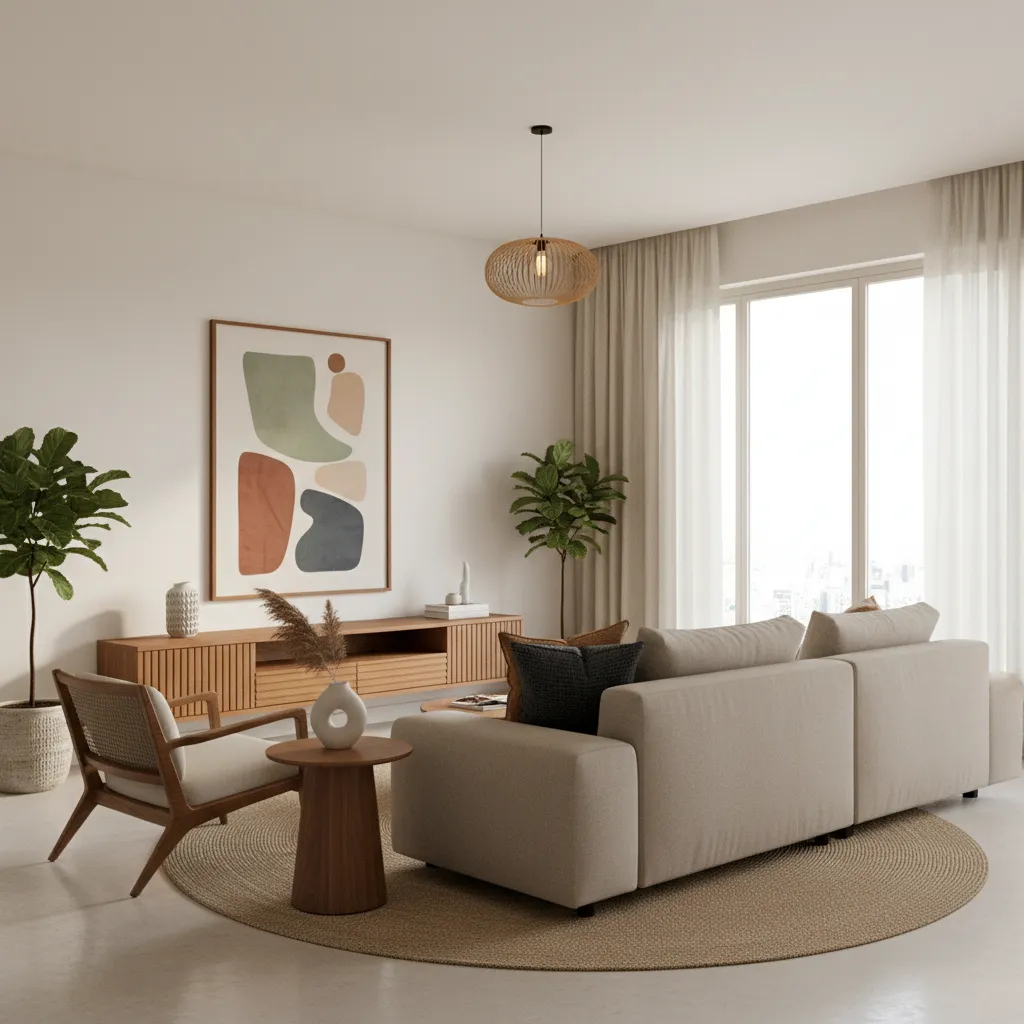 Warm living room layout with beige sofa, wooden cabinet, round rug, plants, and ceiling light
