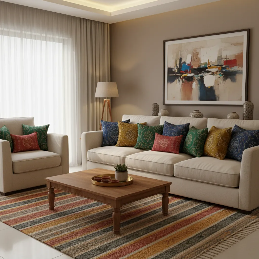 Modern Indian living room with colorful textiles and neutral furniture