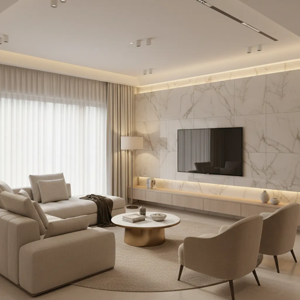 Indian living room with modern large format marble wall tiles