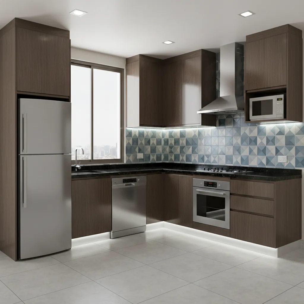 Modern Indian modular kitchen with laminate cabinets granite counter and compact layout