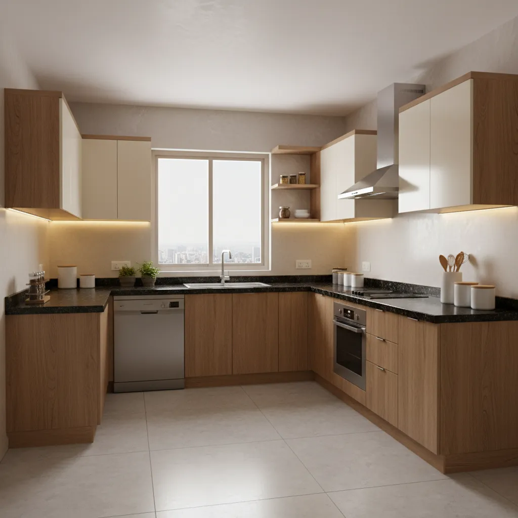finished modular kitchen design in indian apartment with lighting and cabinets