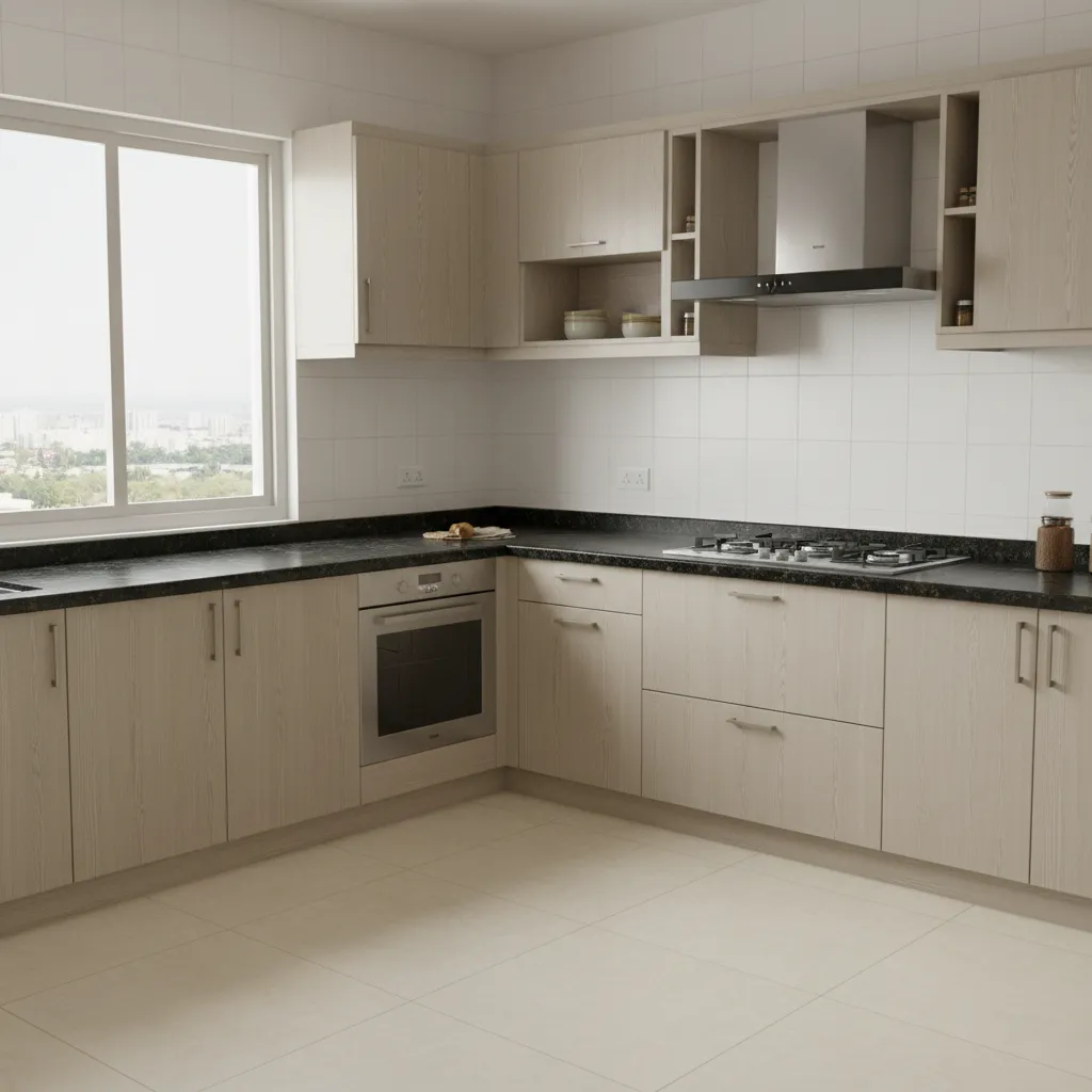 L shaped modular kitchen design common in Indian apartments
