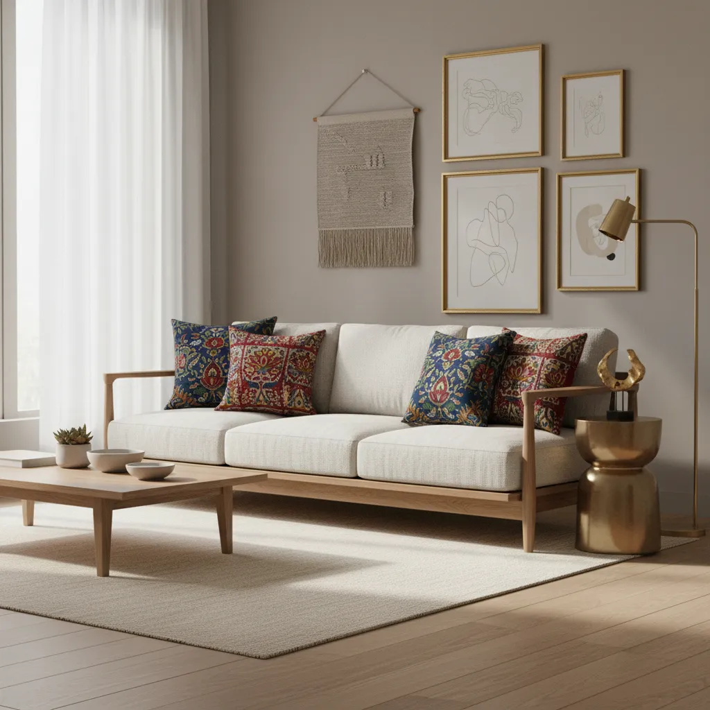 Modern sofa with Indian patterned cushions in contemporary living room