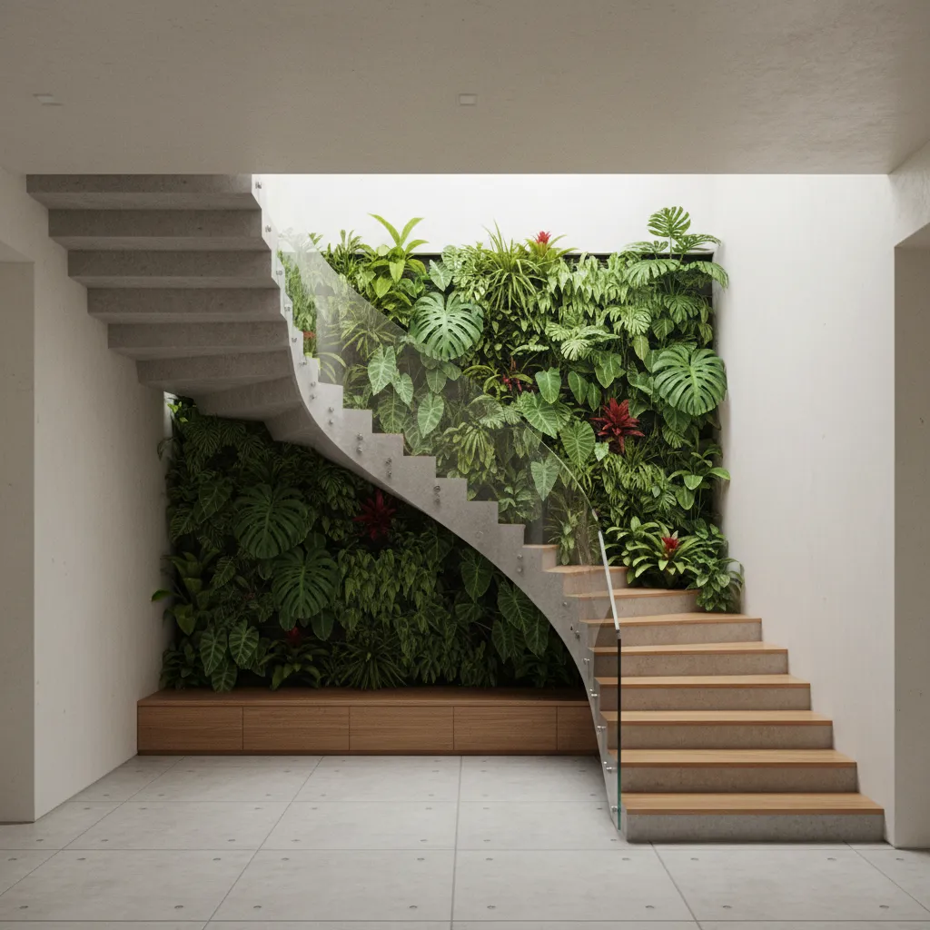 Vertical indoor garden integrated with staircase in a modern Indian home
