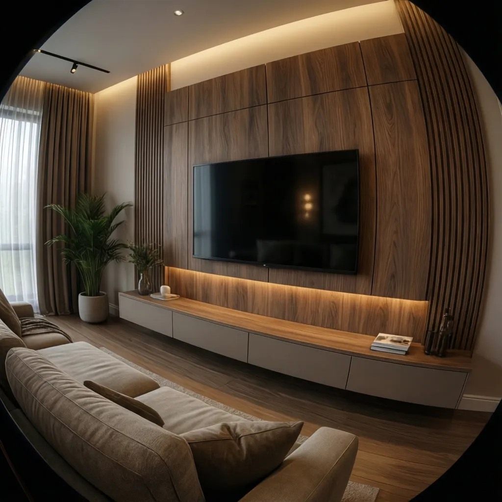 Modern Indian apartment living room with sleek TV panel wall and floating console