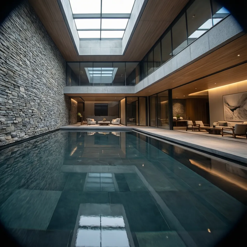 Modern luxury interior with long indoor swimming pool stone wall glass windows and roof window