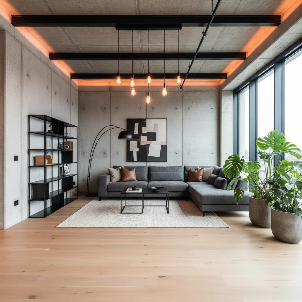 Salón moderno que mezcla estilo industrial con diseño contemporáneo