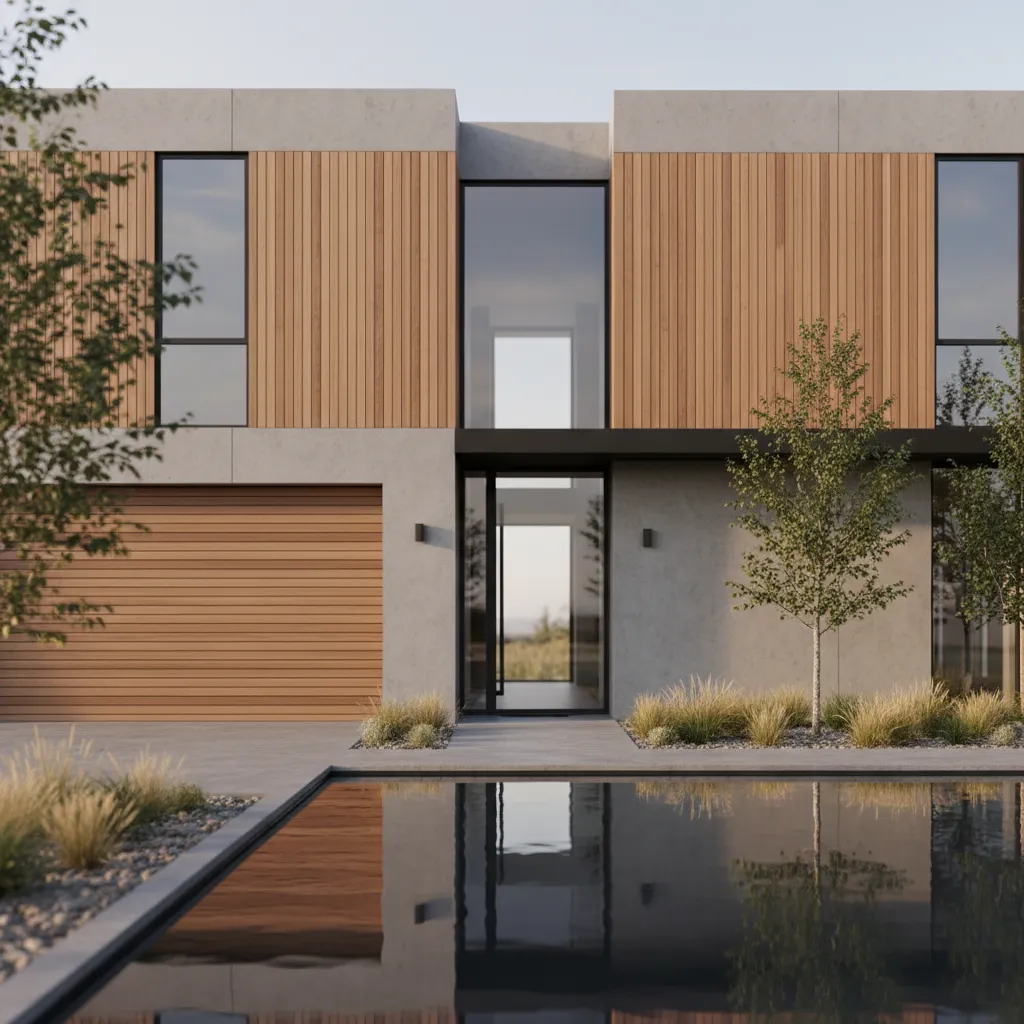 Modern house exterior featuring wood panels concrete walls large windows garage door and clear pool