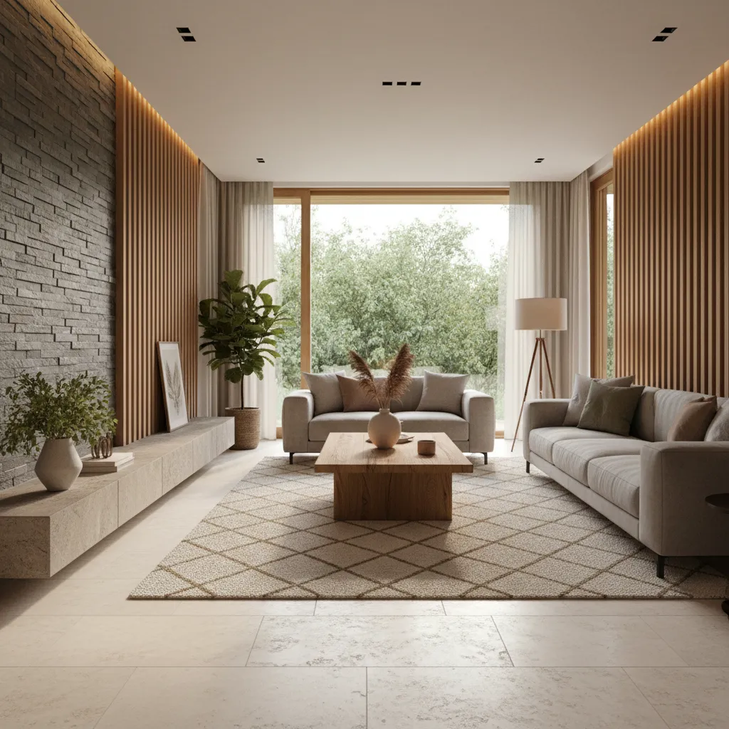Interior moderno con materiales naturales en una casa de 150 m²