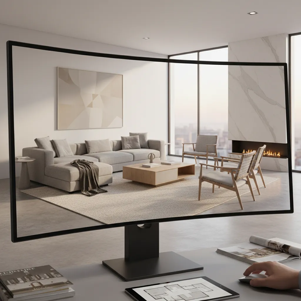 Computer monitor showing interior design drawing of modern living room and tablet with floor plan