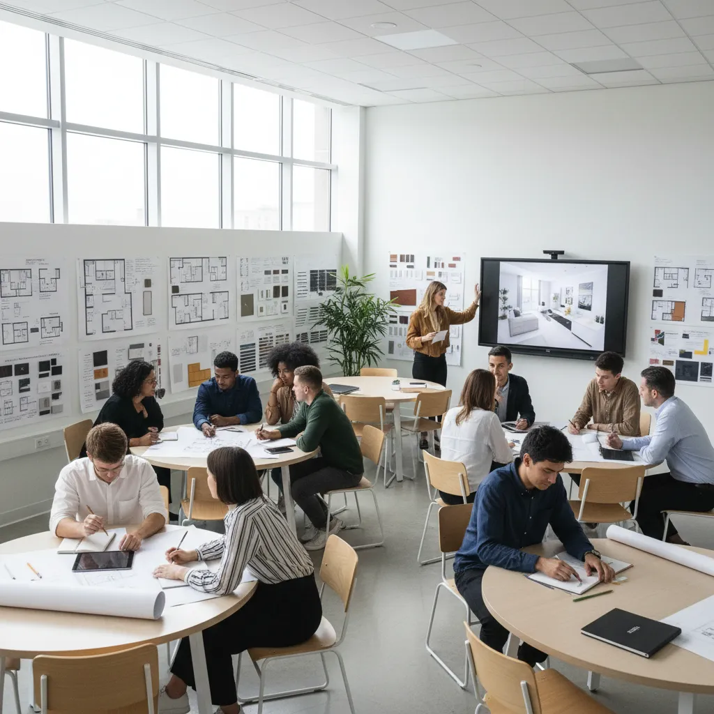 Students at round tables while teacher shows living room design on a large digital screen