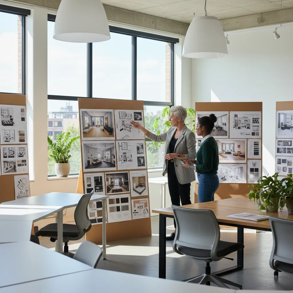 Aula moderna de diseño de interiores con estudiantes y profesor revisando proyectos