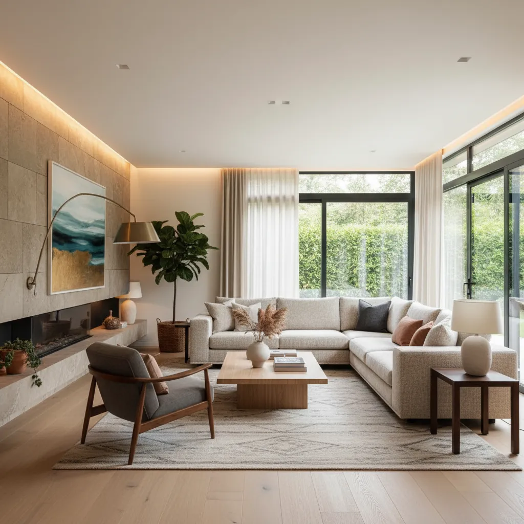 Modern living room featuring a beige sofa wooden coffee table large rug and natural light