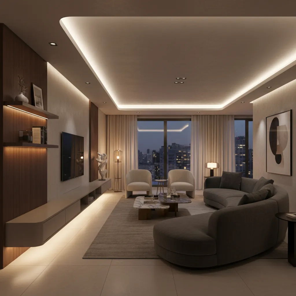 Modern living room with grey sofa marble coffee table wood wall panel and ceiling light