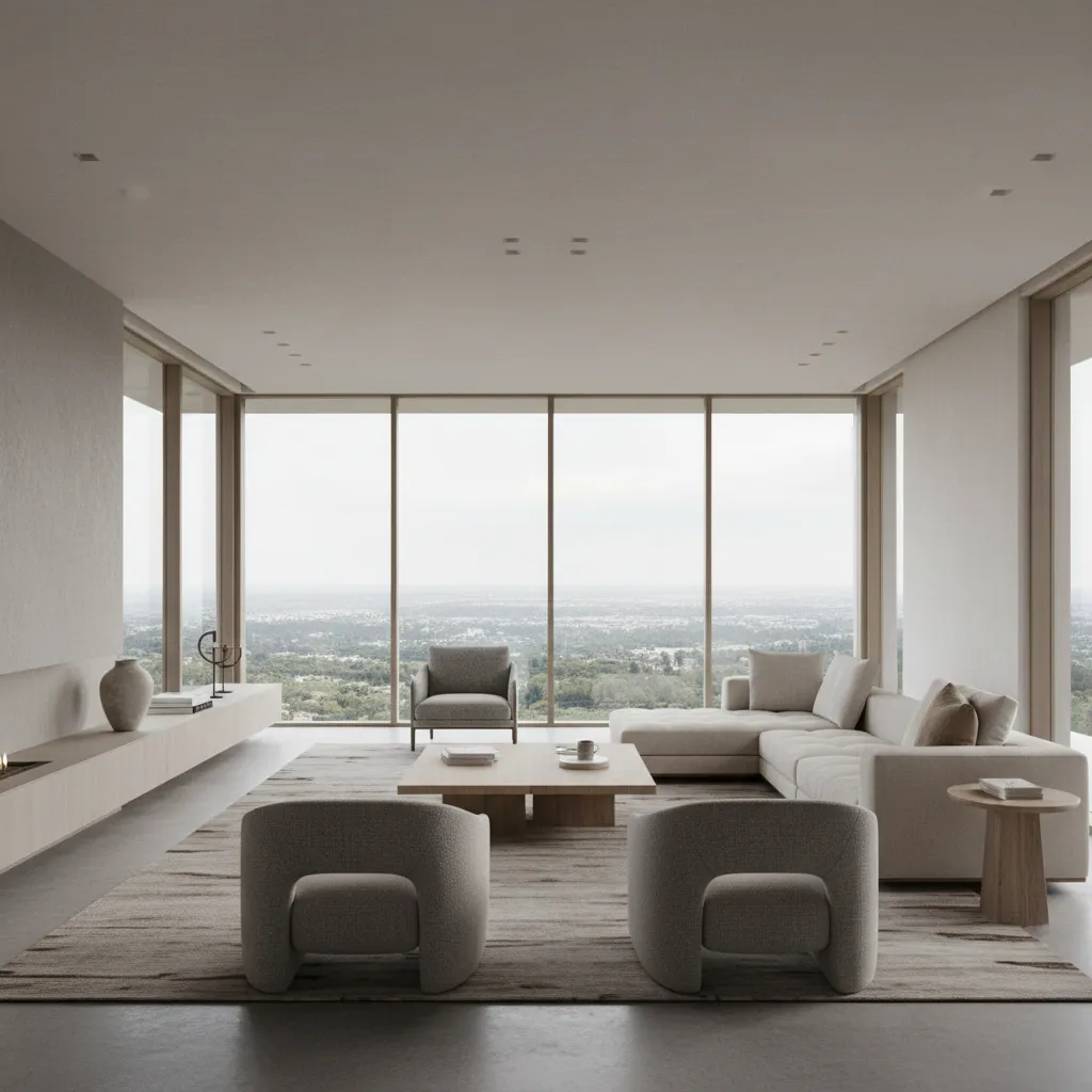 Sala de estar moderna con líneas limpias y colores neutros