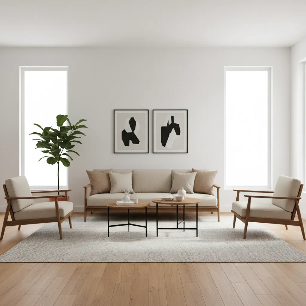 modern interior living room with straight lines wood furniture and minimal decor