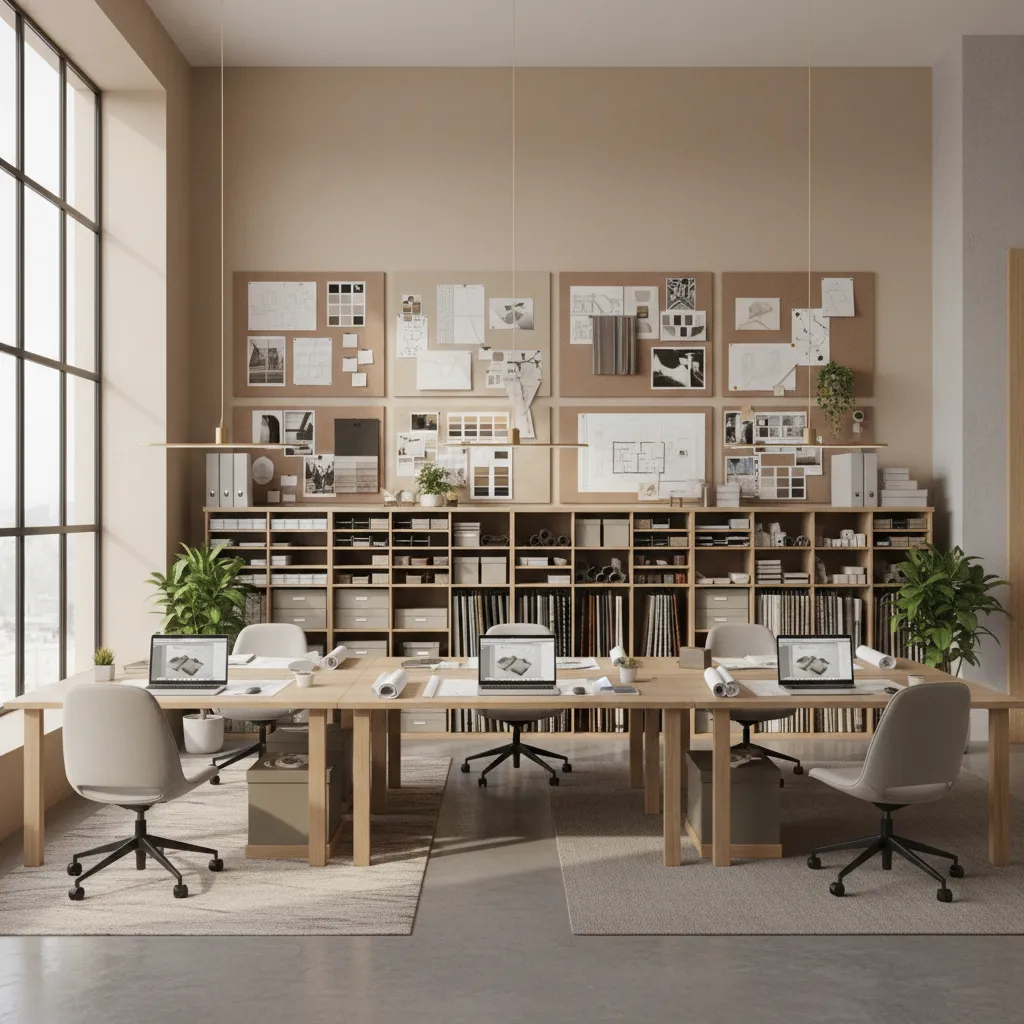 Estudio profesional de diseño de interiores con paneles de inspiración y planos