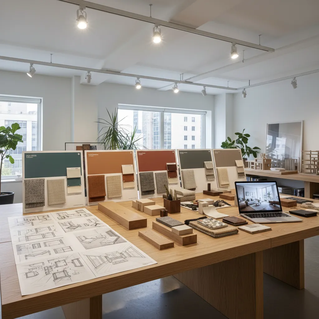 Proceso creativo de diseño de interiores con muestras de materiales y bocetos