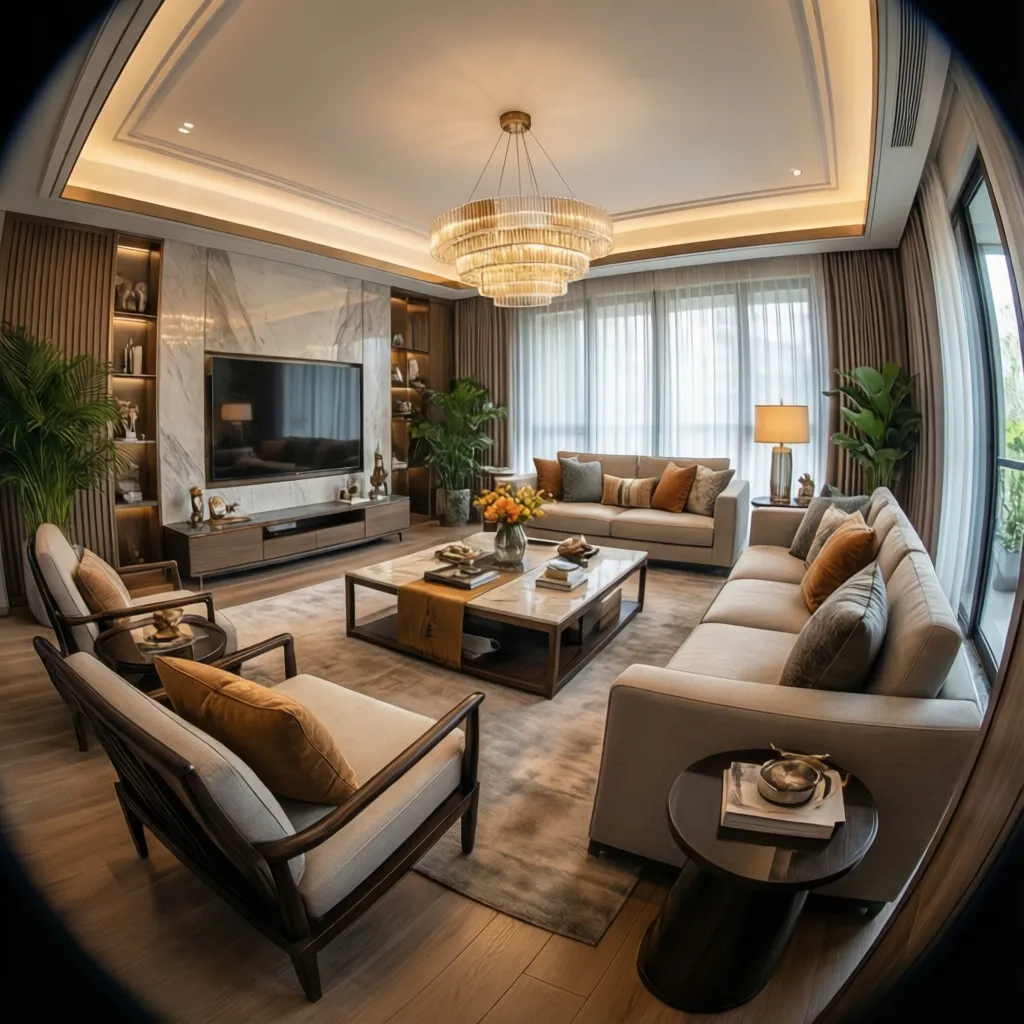 Modern living room with tiered ceiling light grey sofas orange pillows marble wall and plants
