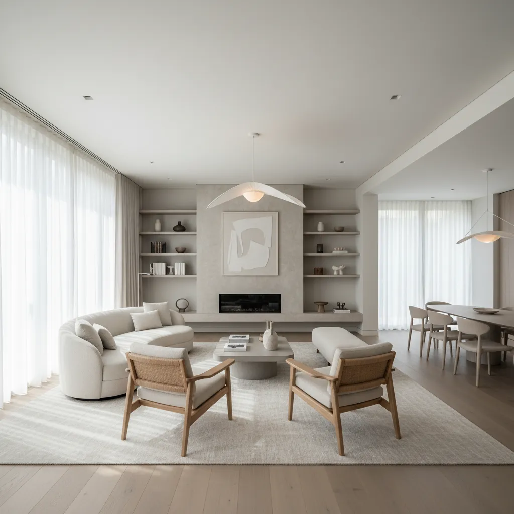 Modern living room featuring white sofa, wooden chairs, fireplace, shelves, ceiling light, and neutral colors