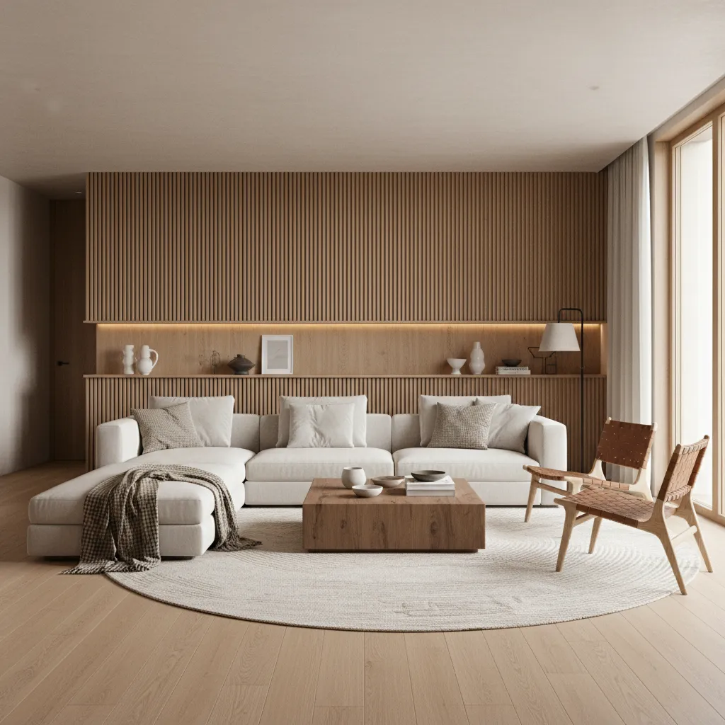 Modern living room with wood wall panel white sofa wooden coffee table and round rug