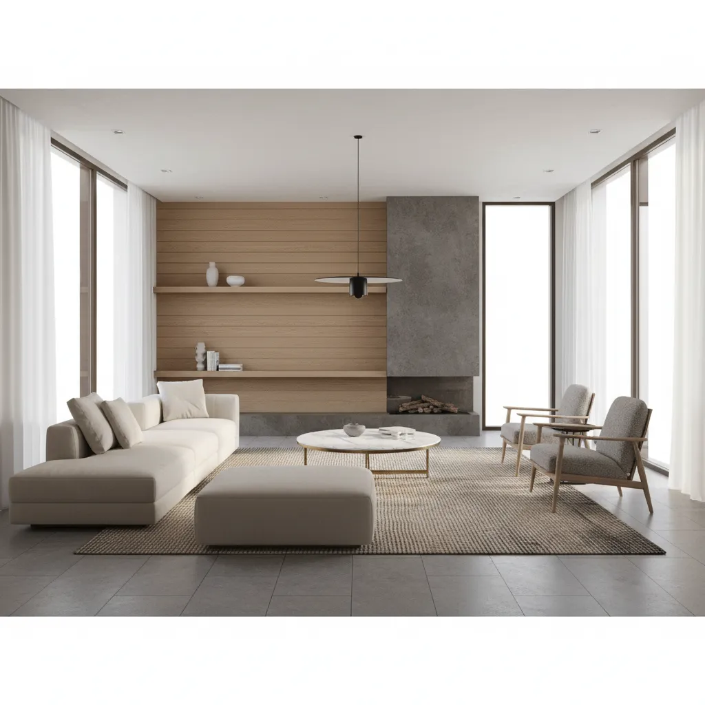 Minimalist living room with beige sofa fireplace wood wall panel rug coffee table and footrest
