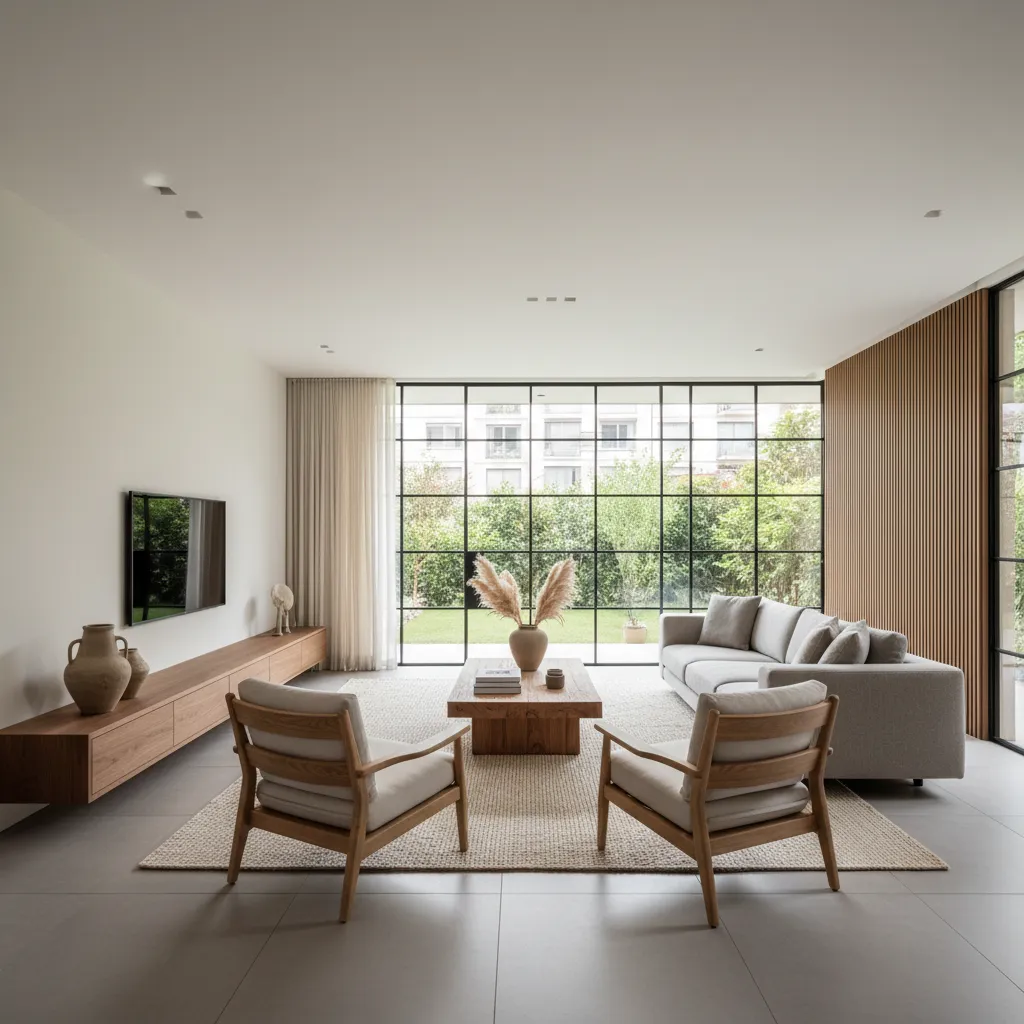 Proyecto final de diseño de interiores con sala moderna bien iluminada