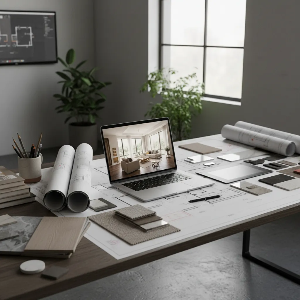 Proyecto de interiorismo moderno con planos y renders sobre la mesa