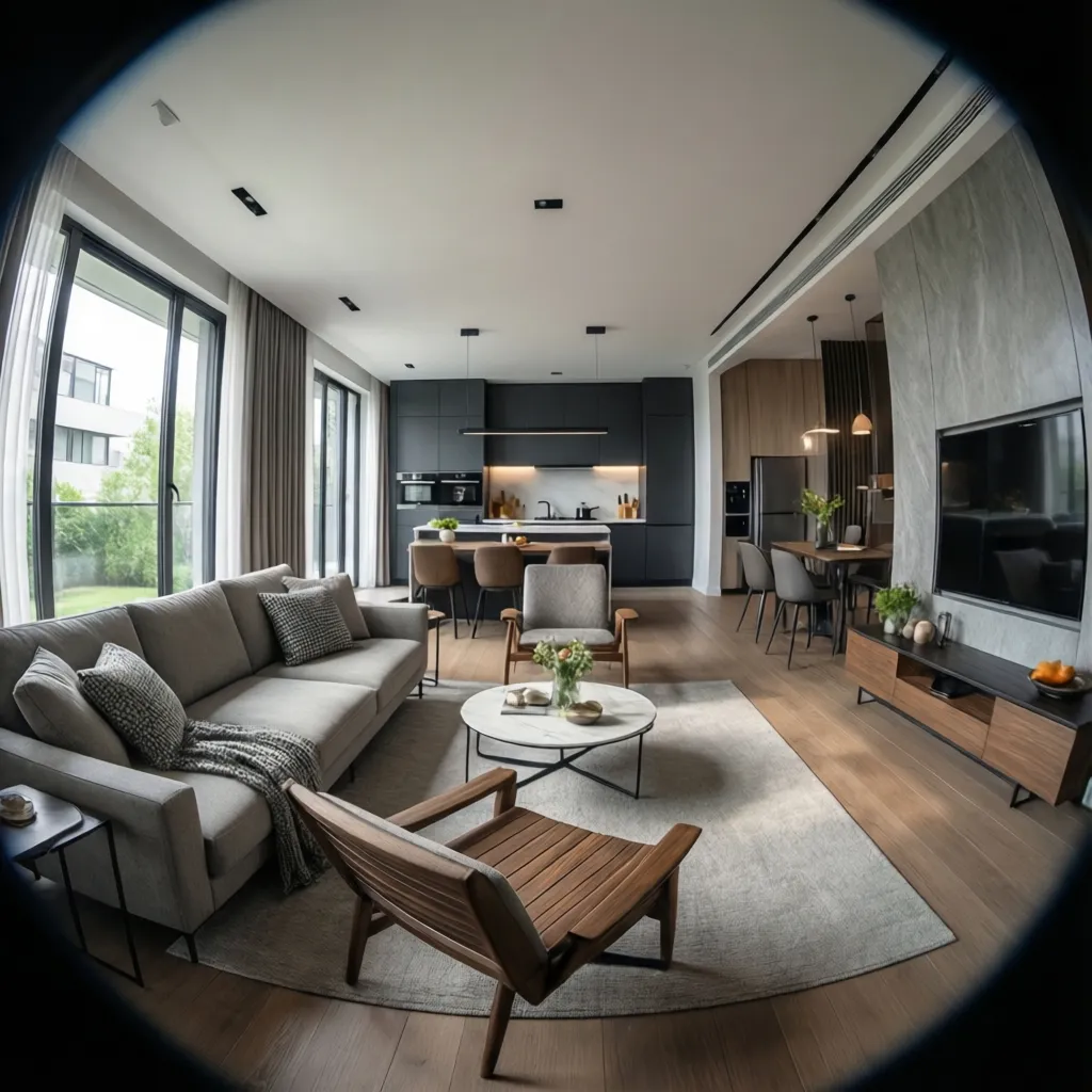 Modern open plan living room with grey sofa wooden chair black kitchen cabinets and flooring