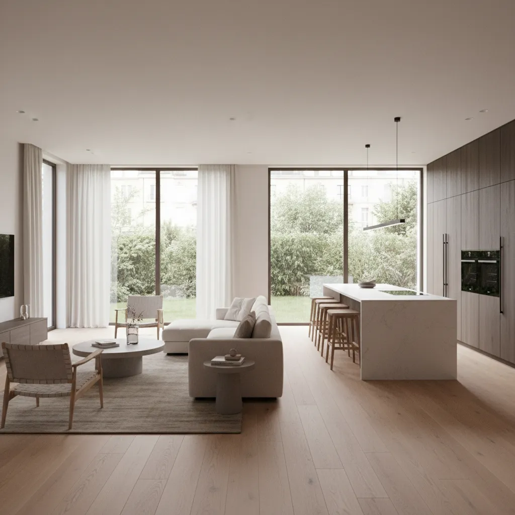 Modern open living area featuring a beige sofa wooden floor marble kitchen island and large windows