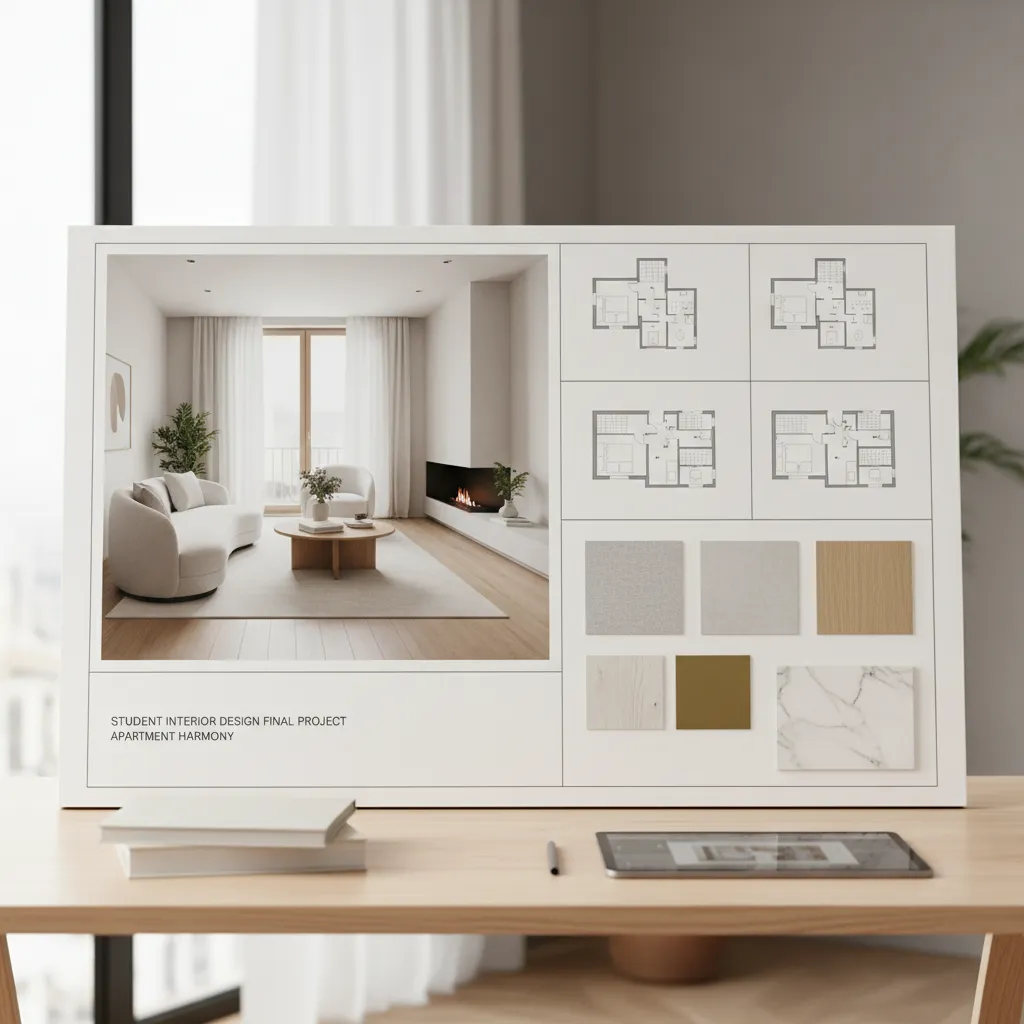 Proyecto final de estudiante mostrando render de interior contemporáneo