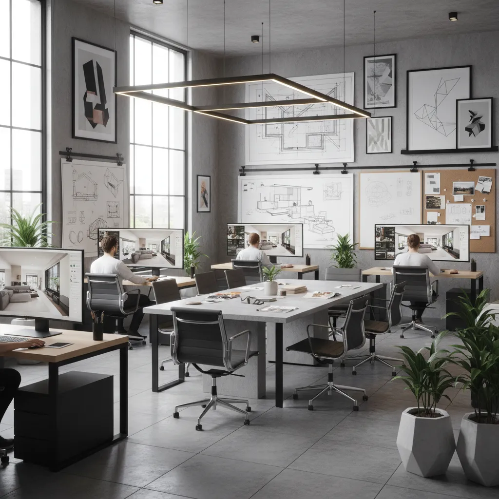 Estudio moderno de diseño de interiores con pantallas y planos