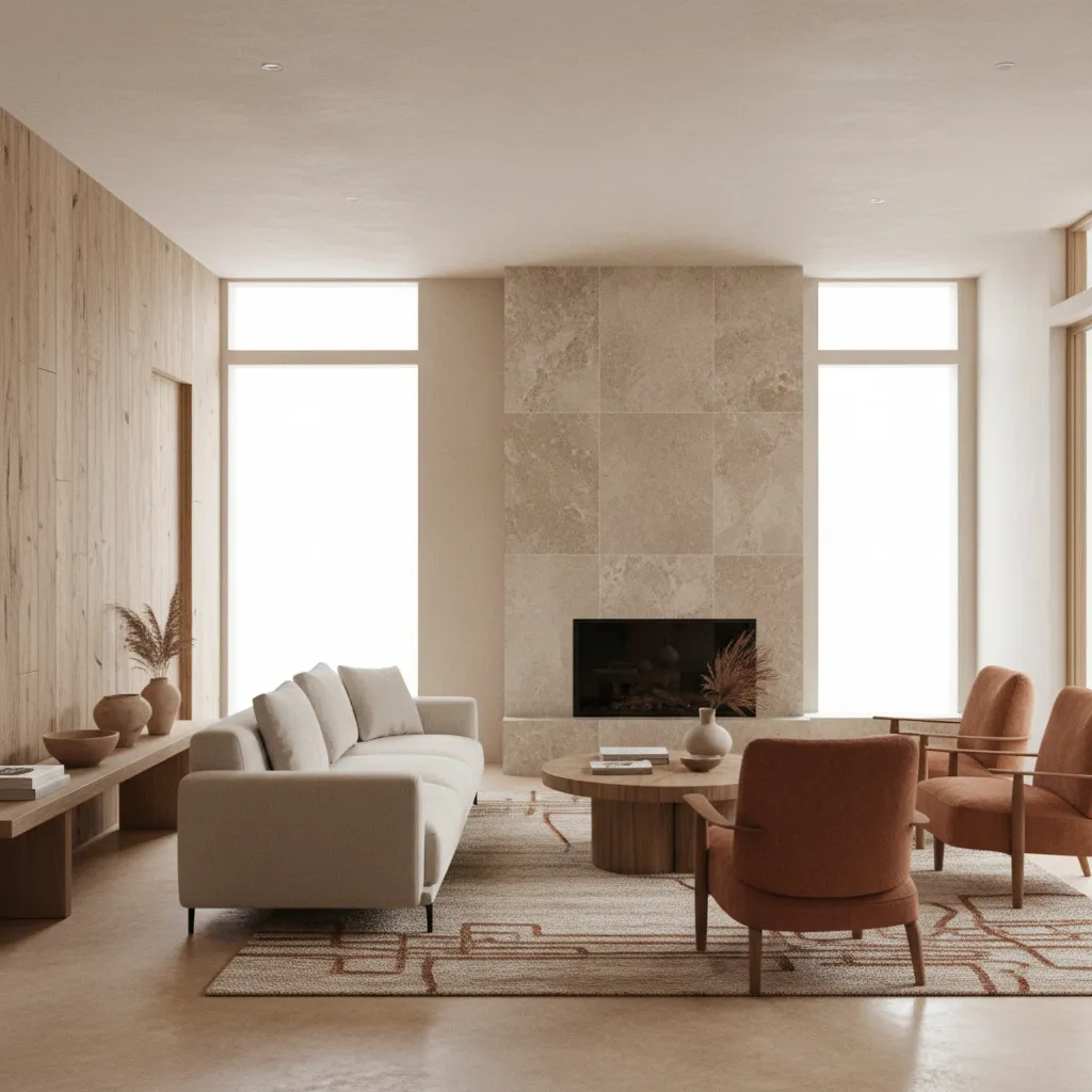 Interior moderno con materiales naturales y colores cálidos