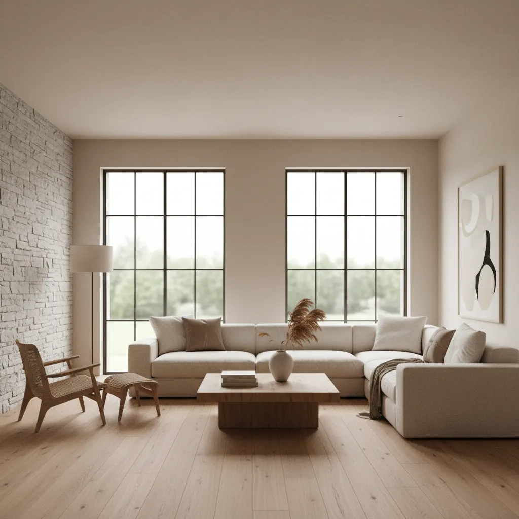 Render realista de un salón moderno diseñado por un interiorista