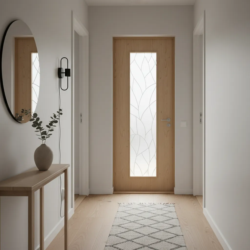 Puerta interior moderna con vidrio decorativo minimalista