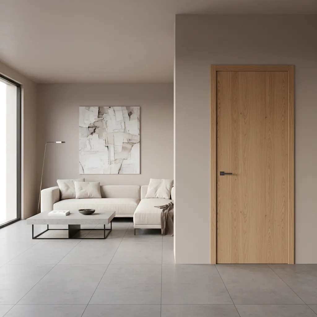 Living room with wood door white sofa abstract painting grey floor tiles and low table