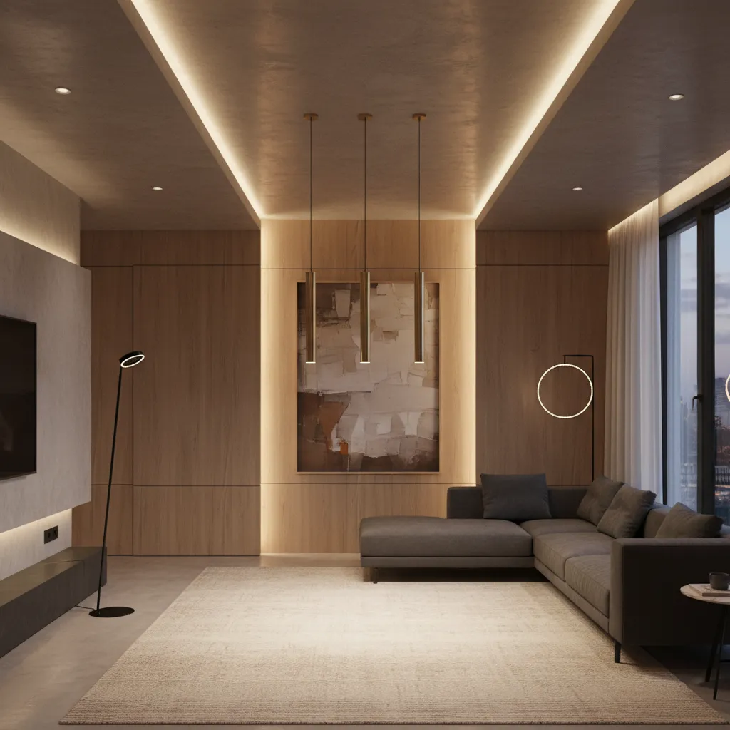 Modern living room with wooden wall panels grey sofa and warm lighting from hidden ceiling light