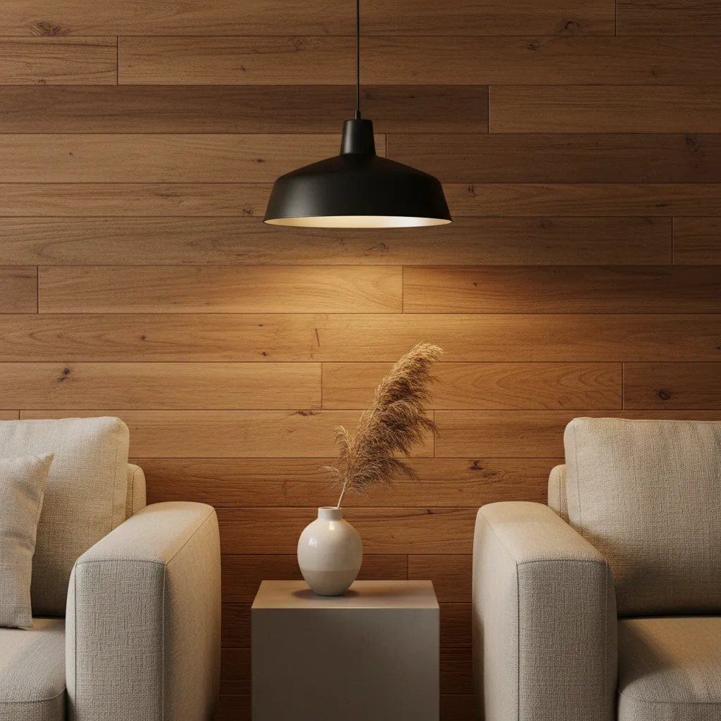 Detalle de materiales modernos como madera, metal y textiles neutros