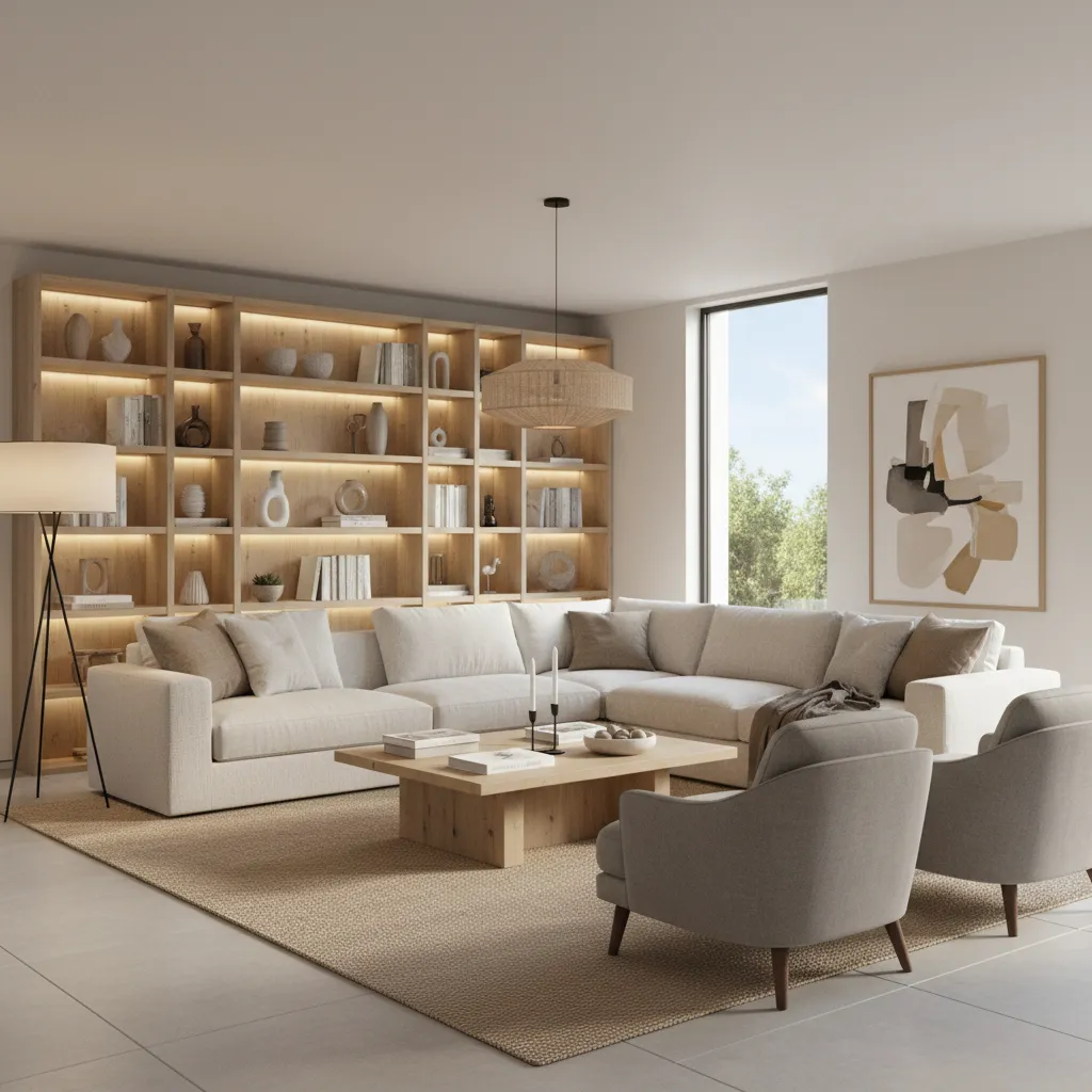 Modern living room with white sofa wooden coffee table grey chairs and tall lighted bookshelf