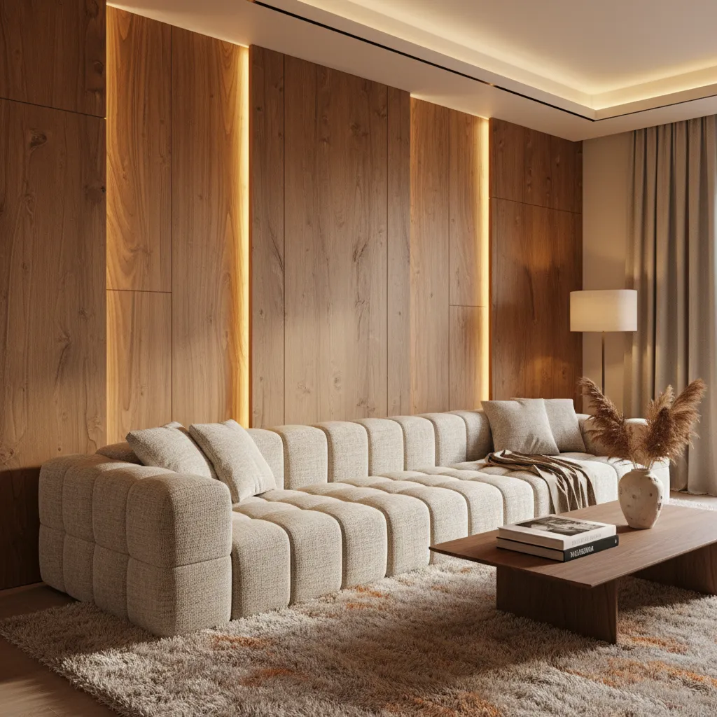 Interior moderno con iluminación indirecta y texturas cálidas
