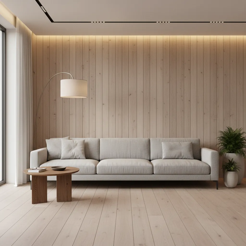 modern living room with wood veneer finish board wall panels